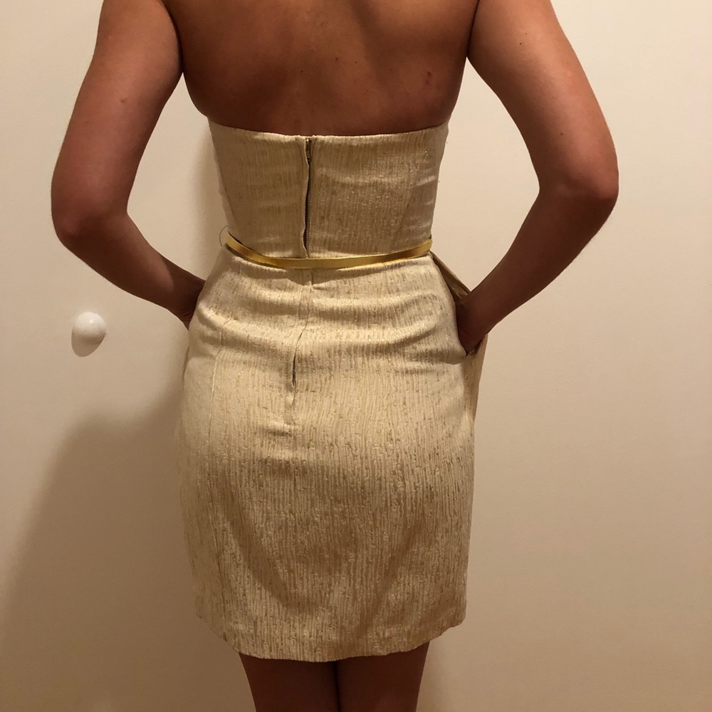 H&M Classy Gold Strapless Cocktail Dress with Belt & Pockets - Size 4 - Picture 9 of 9
